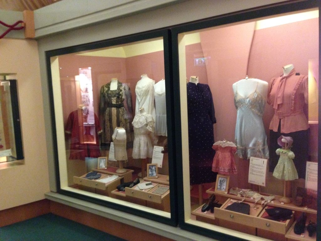 A display of clothing through time, showing how fashions have changed.