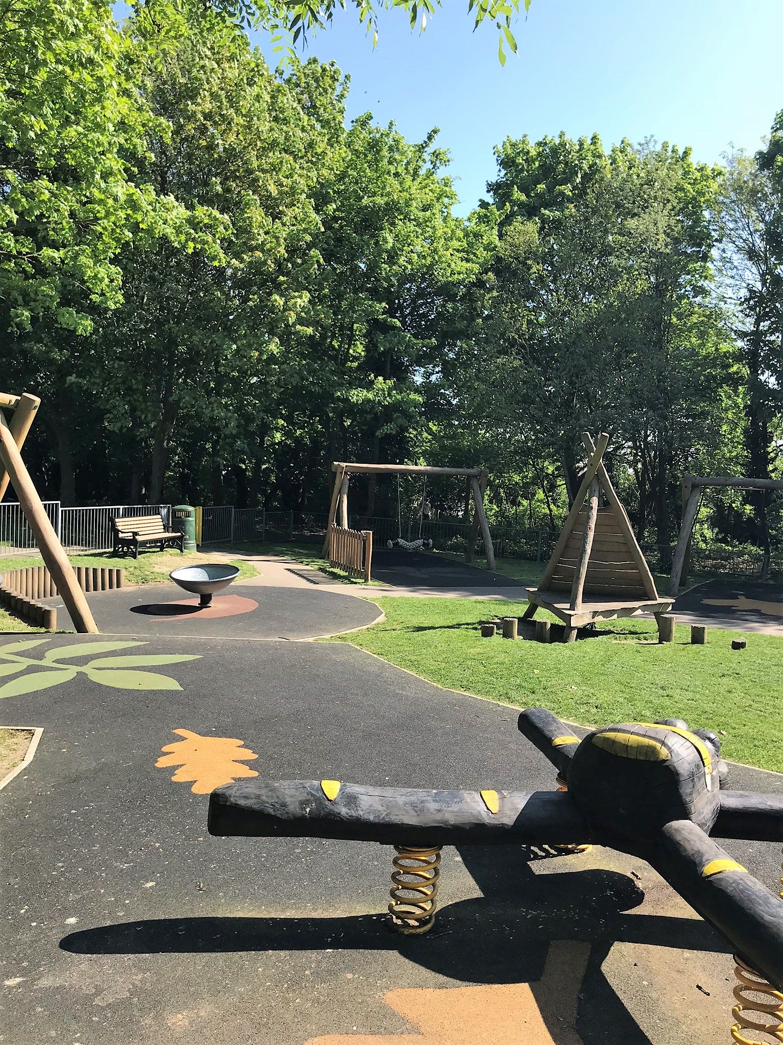 Children's play area equipment; bouncy bugs and swings.