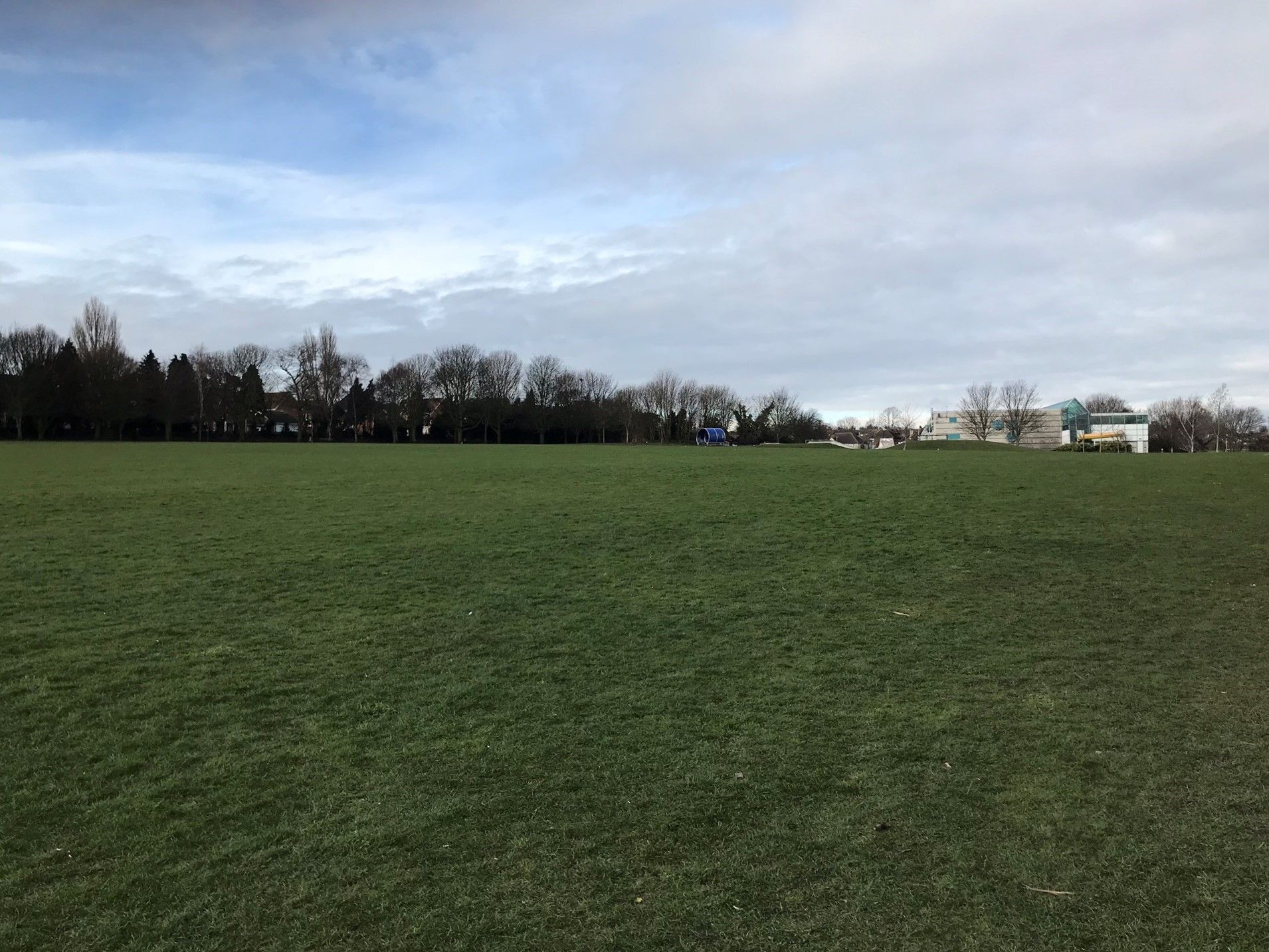 View across the field to the skate park and leisure centre