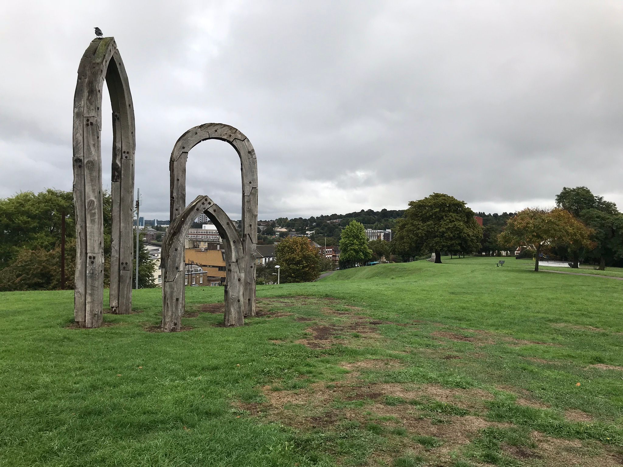 The scultpural wooden arches that look out over Fort Pitt Hill at Victoria Gardens